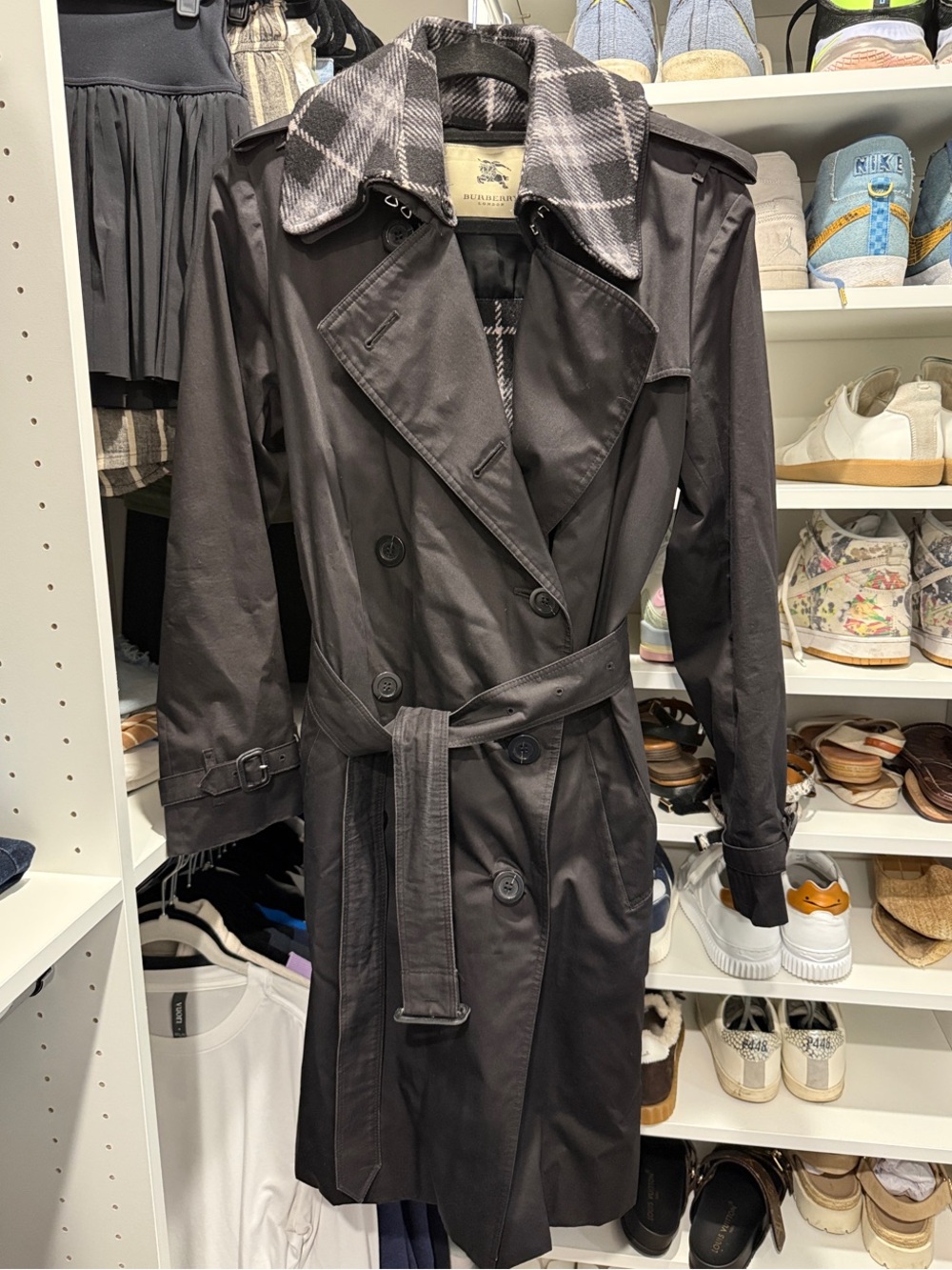 Burberry Black Trench Coat with Gray Plaid Collar and Gray Plaid Wool Lining